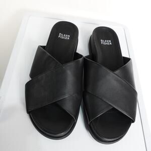 EUC Women's Sz. 7 Eileen Fisher Dibs Nappa Leather Black Wedge Sandals 0050